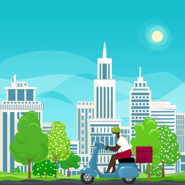 Yemek dağıtan adam scooter kullanıyor.