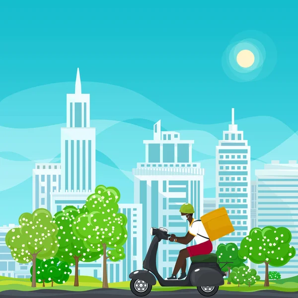 Food delivery man rides a scooter — Stock Vector
