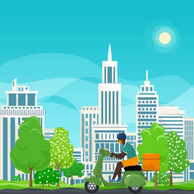 Yemek dağıtan adam scooter kullanıyor.