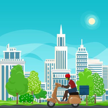 Yemek dağıtan adam scooter kullanıyor.