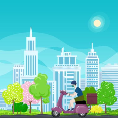 Yemek dağıtan adam scooter kullanıyor.