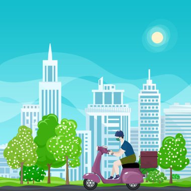 Yemek dağıtan adam scooter kullanıyor.