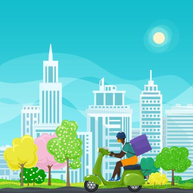 Koruyucu yüz maskesi takmış genç Afrikalı bir adam yiyecek teslimatı için kutusuyla renkli ağaçların ve şehirlerin bahar arka planında yeşil bir scooter sürüyor, çevrimiçi dağıtım hizmeti ve evde kalma kavramı,