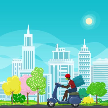 Yemek dağıtan adam scooter kullanıyor.