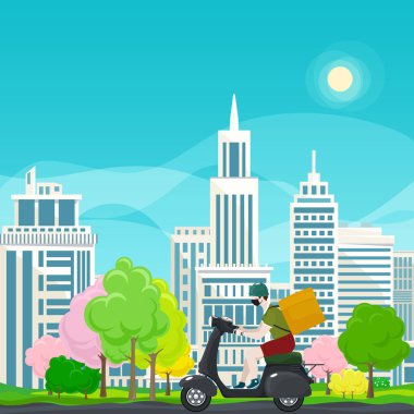 Yemek dağıtan adam scooter kullanıyor.