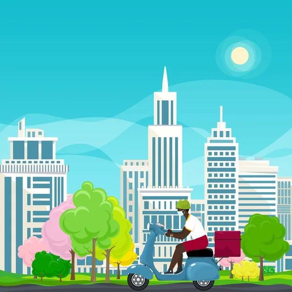 Yemek dağıtan adam scooter kullanıyor.