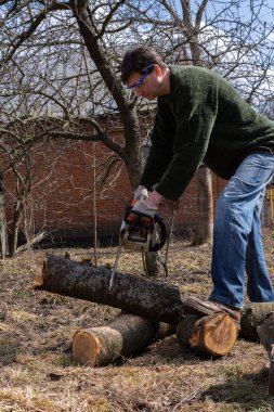 Kış için yakacak odun hazırlayan, bahçeye istiflenmiş kiraz kütükleri, elektrikli testereyle odun kesen bir çiftçi.