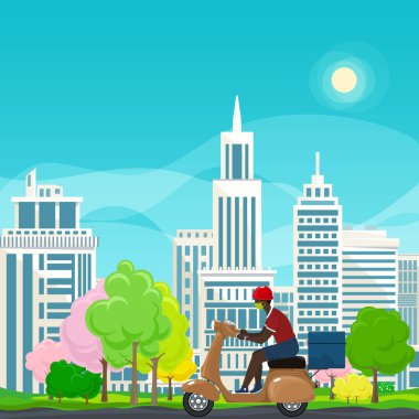 Yemek servisi için termal çantalı koruyucu maskeli Afrikalı genç adam renkli ağaçların ve şehirlerin bahar arka planında kahverengi scooter sürüyor, online dağıtım hizmeti veriyor ve evde konsept olarak kalıyor.