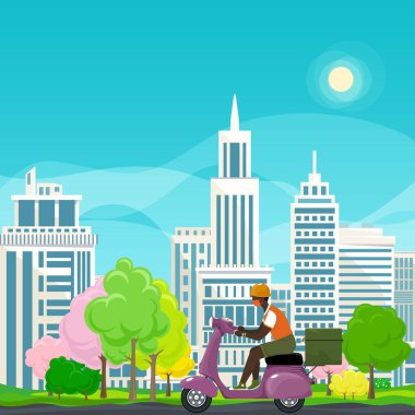 Yemek dağıtan adam scooter kullanıyor.