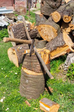 Balta büyük bir kütüğe saplanmış, arka bahçede bir odun yığını, kış için yakacak odun stokluyor.