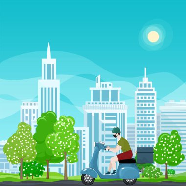 Yiyecek teslimatı için termal çantalı koruyucu maskeli genç adam yeşil ağaçların ve şehirlerin bahar arka planında mavi scooter sürüyor, online dağıtım hizmeti ve evde kalma kavramı.