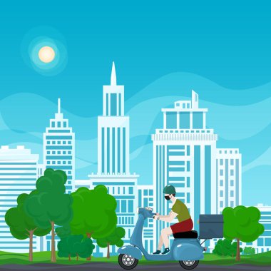 Yiyecek teslimatı için termal çantalı koruyucu maskeli genç adam renkli ağaçların ve şehirlerin arka planında mavi bir scooter kullanıyor, online dağıtım hizmeti veriyor ve evde kalıp konsept yapıyor.