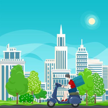 Yemek dağıtan adam scooter kullanıyor.