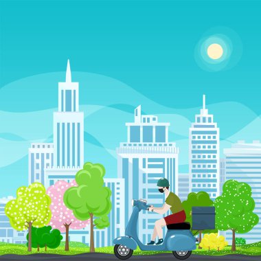 Yiyecek teslimatı için termal çantalı koruyucu maskeli genç adam renkli ağaçların ve şehirlerin bahar arka planında mavi scooter sürüyor, online dağıtım hizmeti ve evde kalma kavramı.