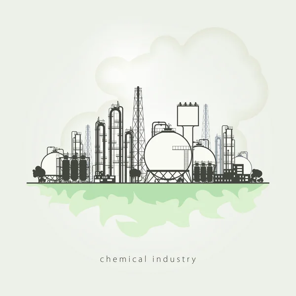 Ilustración de una planta química o procesamiento de refinerías de recursos naturales, o una planta para la fabricación de productos. Ilustración vectorial — Vector de stock