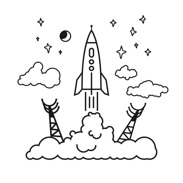 Inicio del cohete en las nubes, ilustración vectorial — Vector de stock