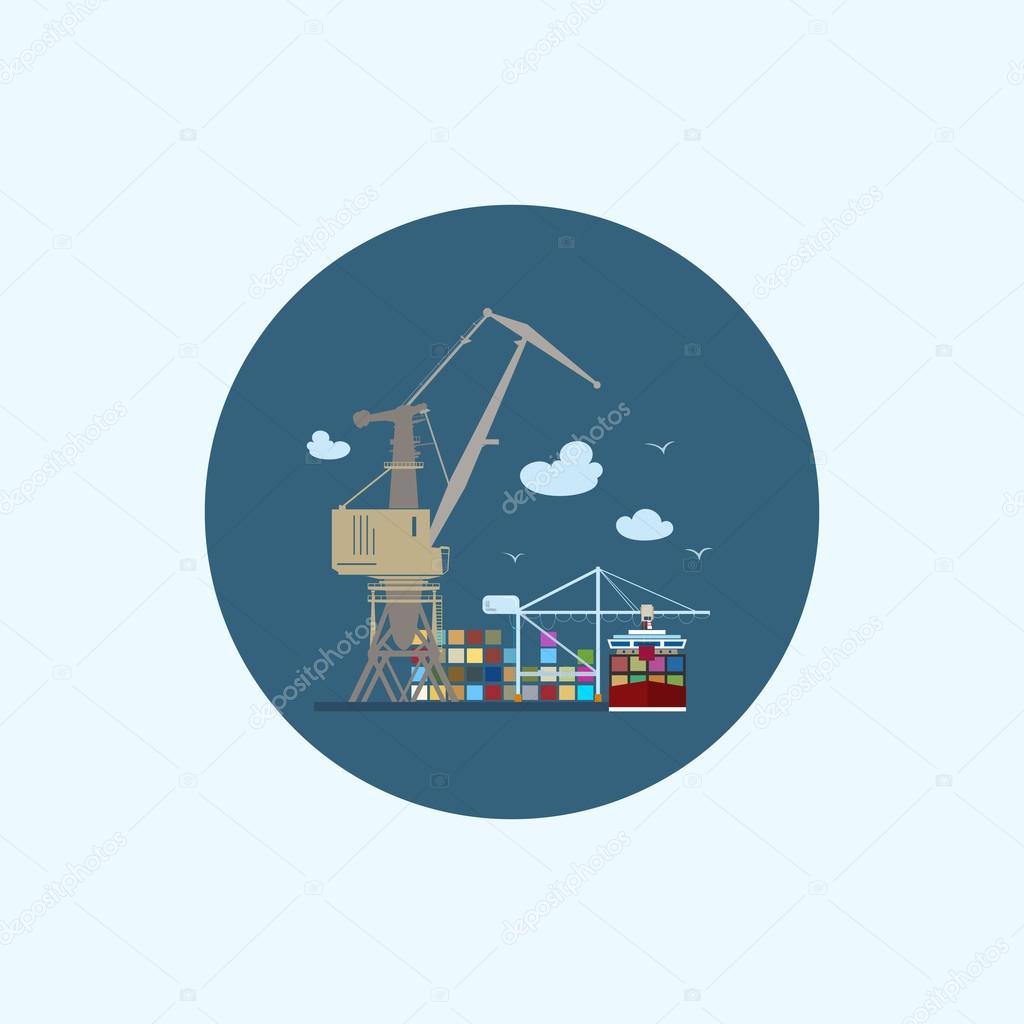 Icon with colored cargo container ship and cargo crane, vector illustration