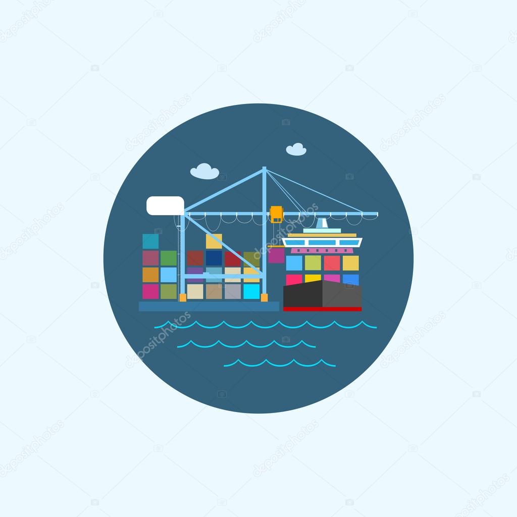 Icon with colored cargo container ship and cargo crane, vector illustration