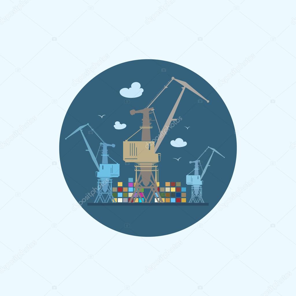 Icon with colored cargo cranes and containers , vector illustration