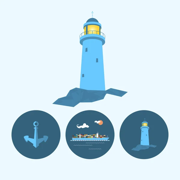 Set with lighthouse, anchor and cargo container ship, vector illustration — Stock Vector