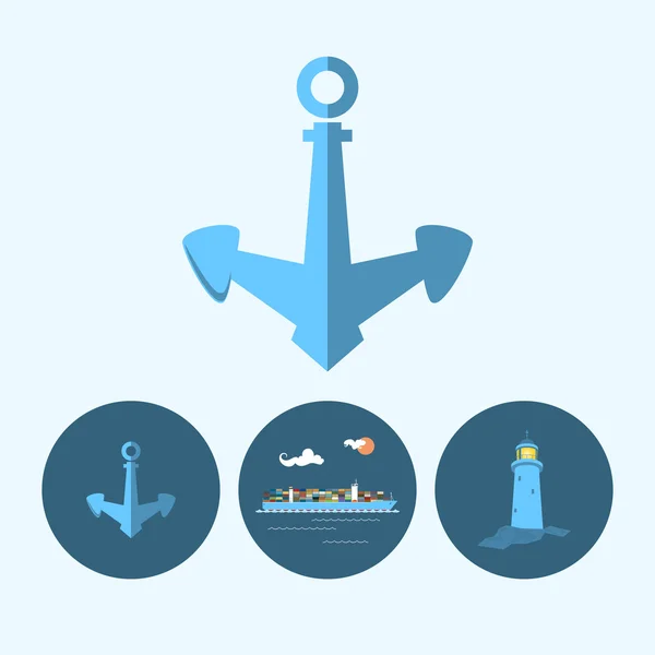 Çapa, deniz feneri ve kargo konteyner gemisi, vektör illüstrasyon ile ayarlayın — Stok Vektör