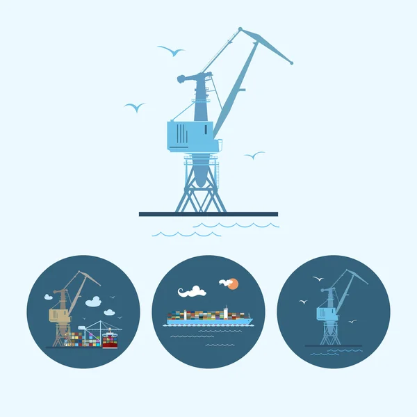 Set icons with  crane, cargo containership , the crane with containers in dock, vector illustration — Stock Vector