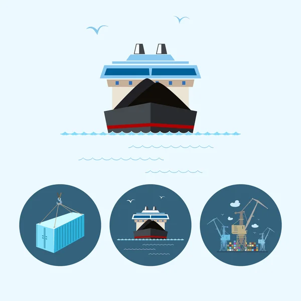 Set icone con container, nave da carico a secco, gru con container in banchina, illustrazione vettoriale — Vettoriale Stock