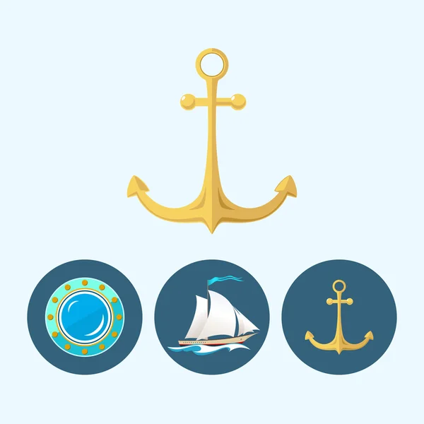 设置图标与彩色帆船，锚，端口，矢量插图 — 图库矢量图片