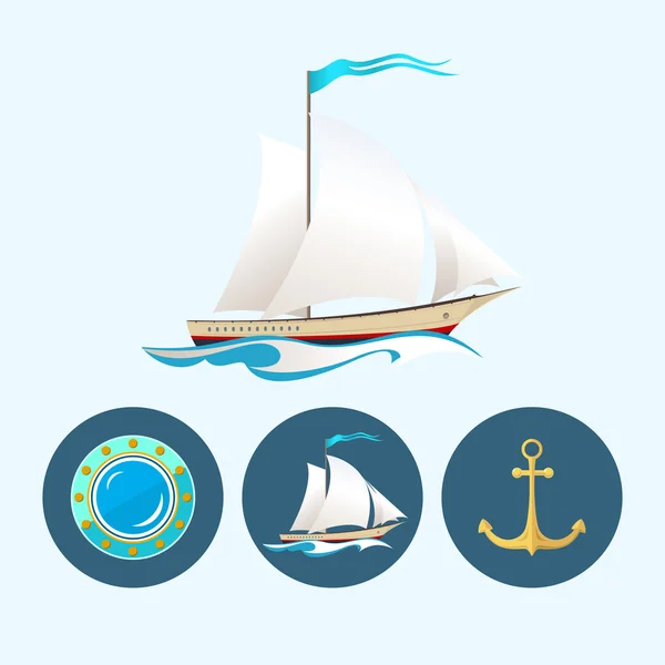 设置图标与彩色帆船，锚，端口，矢量插图 — 图库矢量图片