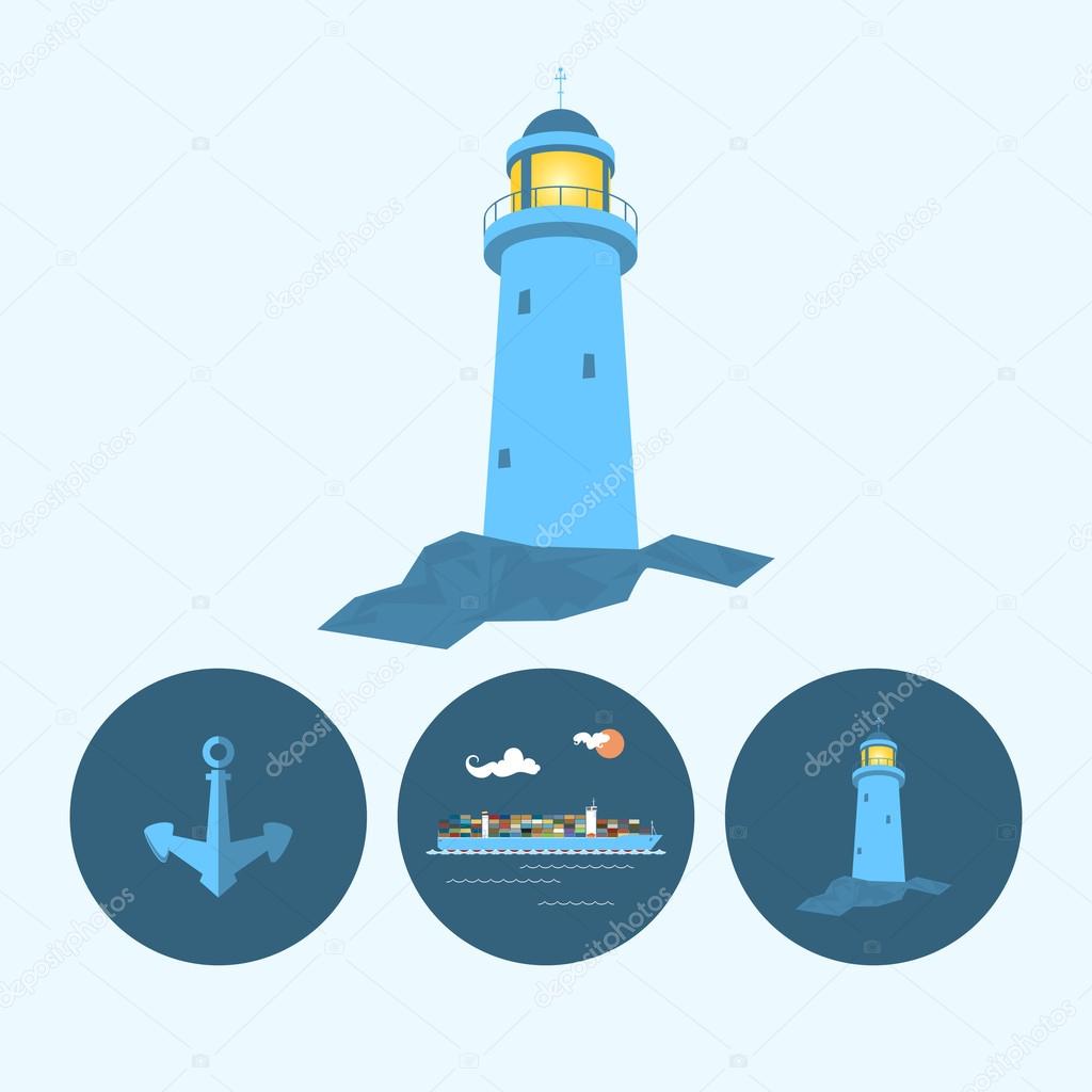 Set with lighthouse, anchor and cargo container ship, vector illustration