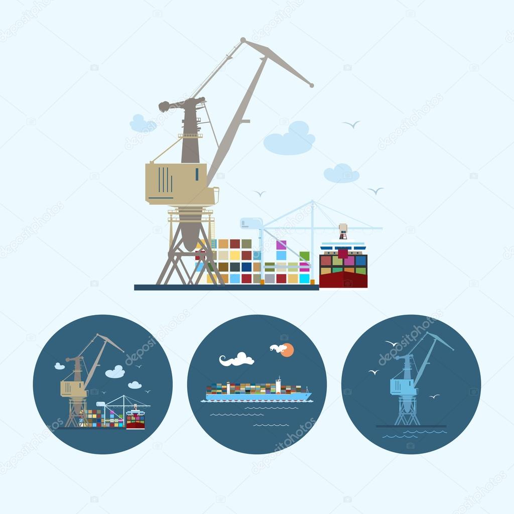 Set icons with  crane, cargo containership , the crane with containers in dock, vector illustration