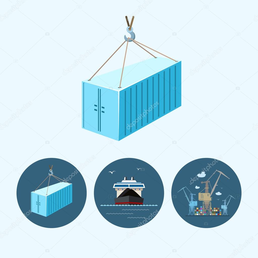 Set icons with   container, dry cargo ship , the crane with containers in dock, vector illustration