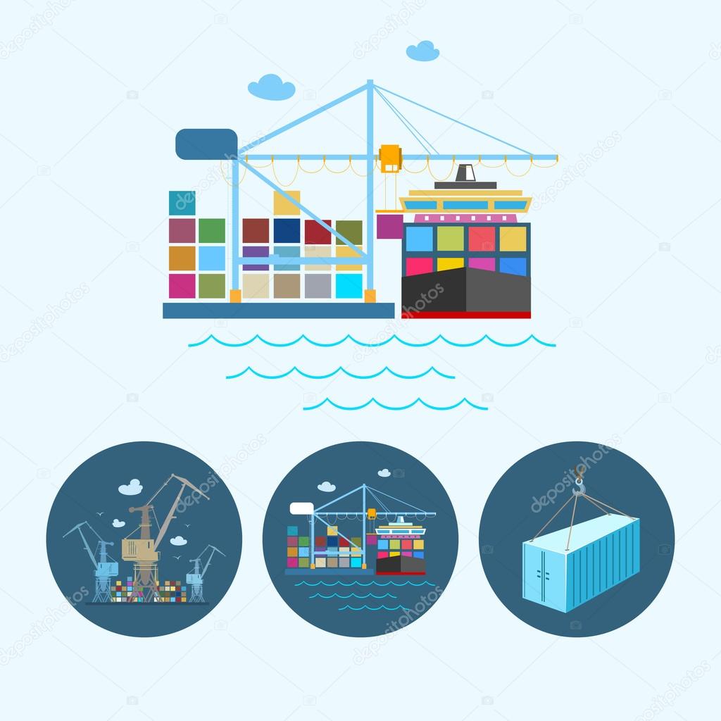 Set icons with   container,  the cranes with containers in dock, vector illustration