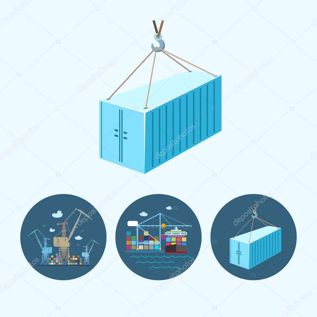 Set icons with   container,  the cranes with containers in dock, vector illustration