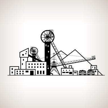 Silhouette coal mine with spoil tip and with rail cars, vector illustration clipart