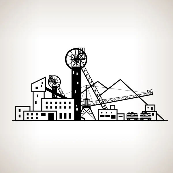 Silhouette Kohlebergwerk mit Verwöhnspitze und mit Eisenbahnwaggons, Vektorillustration — Stockvektor