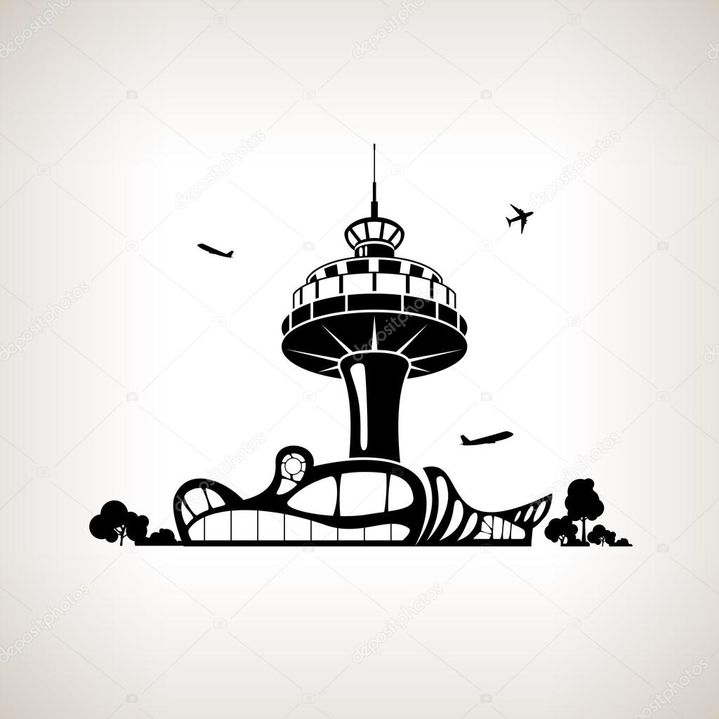 Silhouette control tower at the airport, vector illustration