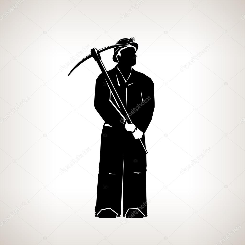 Silhouette Miner ,Mining Industry, Miner Holding a Pickax on a Light Background, Black and White Vector Illustration