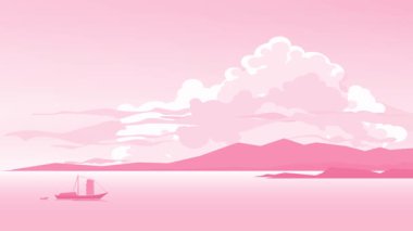 Japon geleneksel yelkenli teknesinin silueti, sahil şeridine karşı, sabahın erken saatlerinde, tek renkli, arka planda devasa kümülüs bulutları.