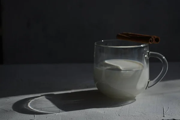 Gri bir arka planda üzerinde tarçın çubukları olan bir bardaktaki süt, sert bir ışıkla. yatay resim — Stok fotoğraf