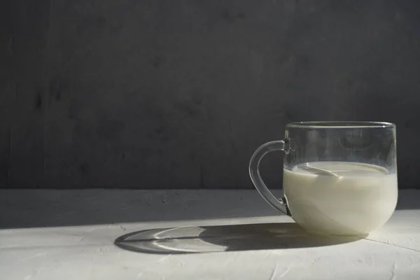 Susu dalam gelas dengan latar belakang abu-abu dengan cahaya keras. gambar horisontal — Stok Foto