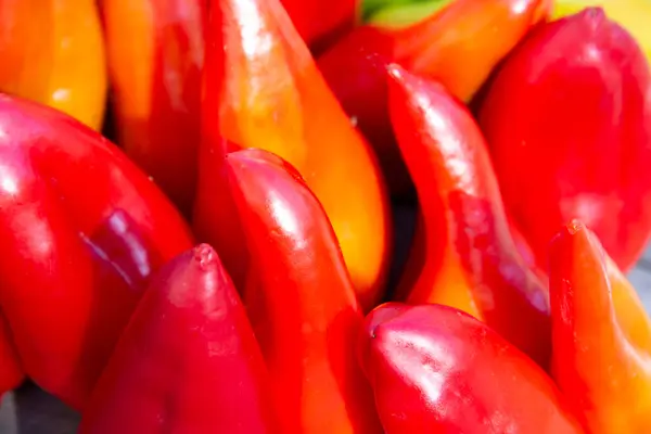 Pimientos Rojos Frescos Mesa Alimentación Saludable Fondo Rojo — Foto de Stock