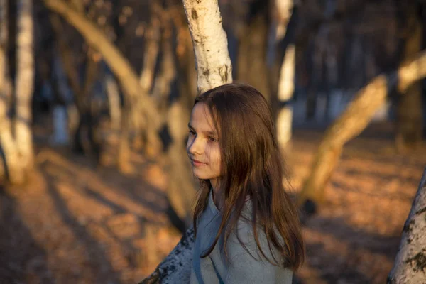 Lächelndes Mädchen Mit Langen Haaren Auf Dem Hintergrund Von Birken — Stockfoto