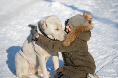 Kış şapkalı bir kız kışın karda büyük beyaz bir köpeğe sarılır. Çocuklar ve hayvanlar arasındaki arkadaşlık kavramı..