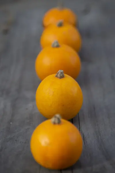 Kleine Orangefarbene Kürbisse Liegen Einer Reihe Auf Einem Holzbrett Hintergrund — Stockfoto