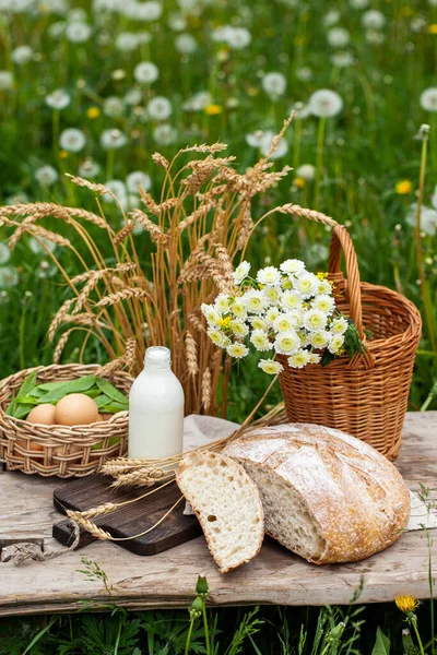 Concept of natural organic products from the local farm. Homemade bread, fresh milk, eggs. Wooden background, outdoors. Close up, copy space for text