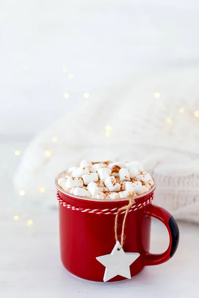 Hot winter drink: delicious warm chocolate with marshmallow and cinnamon. Holiday atmosphere, festive mood, fir tree branches. White background, christmas lights, close up, copy space for text