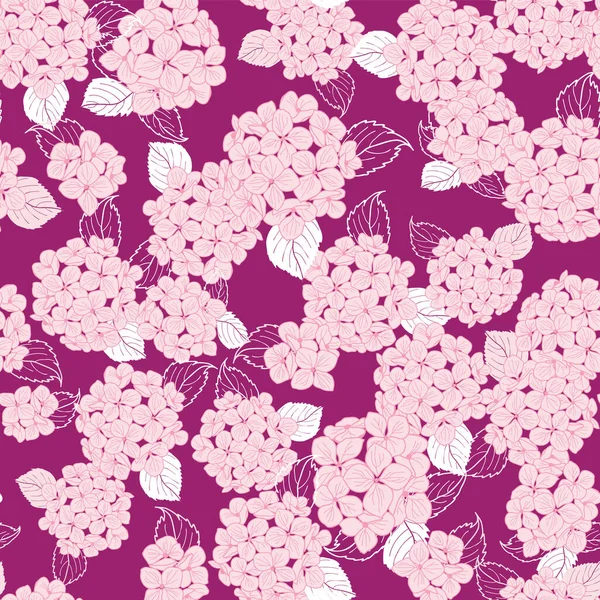 Seamless pattern hand drawn pink round bouquet hydrangea flowers with leaves on white background design — Stock Vector