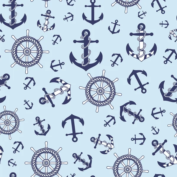 Морской бесшовный рисунок, якоря, штурвал лодки на синем фоне — стоковый вектор