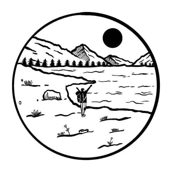 View Backpacker Looking Lake Mountains Background Doodle Art Badge — Stock Vector